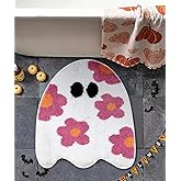 Ouyattle Cute Ghost Shaped Halloween Bath Mat Boho Vintage Floral Funky Halloween Bath Mat for Bathroom Aesthetic Decorations, Modern Abstract Cool Gothic Spooky Spirit Bathroom Rugs Non-Slip Washable