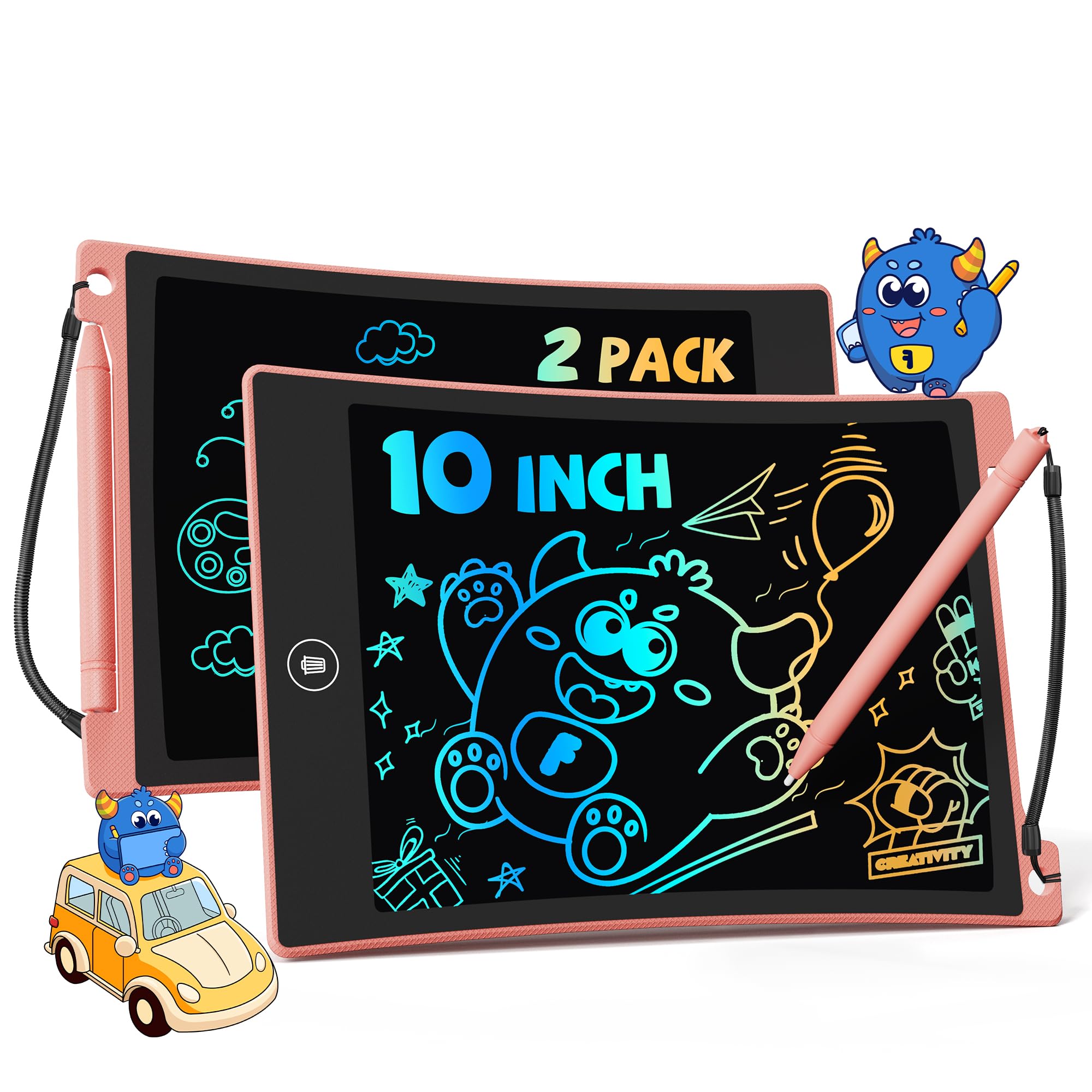 TEKFUN 2 Pack LCD Writing Tablet 10inch Erasable Colorful Drawing Tablet Writing Drawing Board with Lanyard, Travel Educational Toys Gifts for Kids 3-8 Years Old Boys Girls Toddlers (2*Pink)