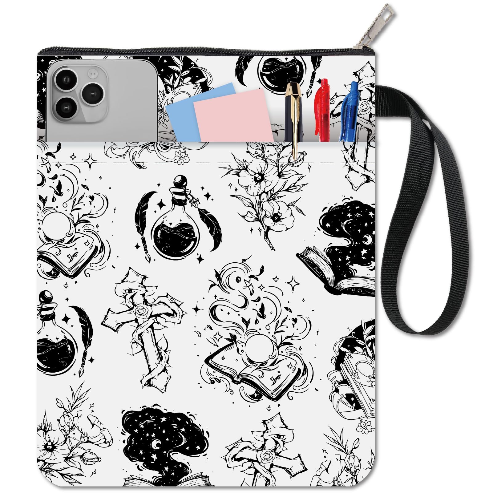 CRASPIRE Spellbook Book Sleeve Cross Book Covers Flower Book Protector for Paperbacks Washable Fabric Cloth Book Cover with Zipper and Extra Sleeve Pocket for Book Lovers Classmate Gifts