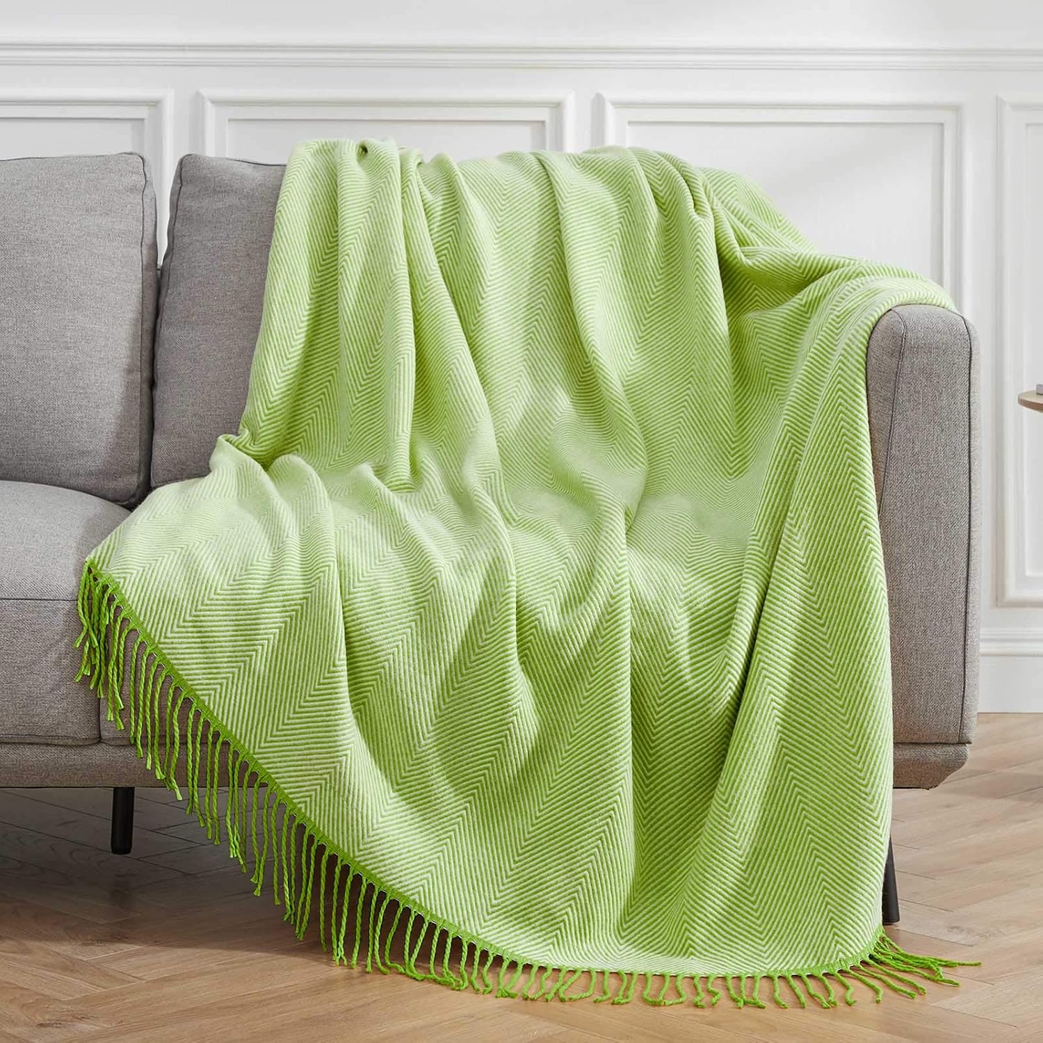 VEEYOO Green Throw Blanket for Couch, Green Striped Knit Throw Blanket with Tassels, Decorative Soft Knitted Blanket Throw 60x80 inch