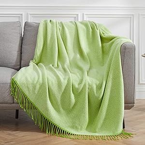 VEEYOO Green Throw Blanket for Couch, Green Striped Knit Throw Blanket with Tassels, Decorative Soft Knitted Blanket Throw 60x80 inch