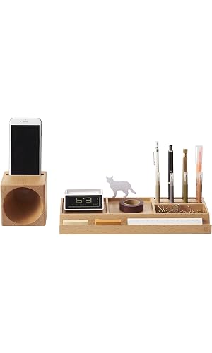 ZENS Wooden Desk Organizer with Expendable Phone Holder, Space Saver for Office Supplies, Pens Holder, Papers, Accessories Storage