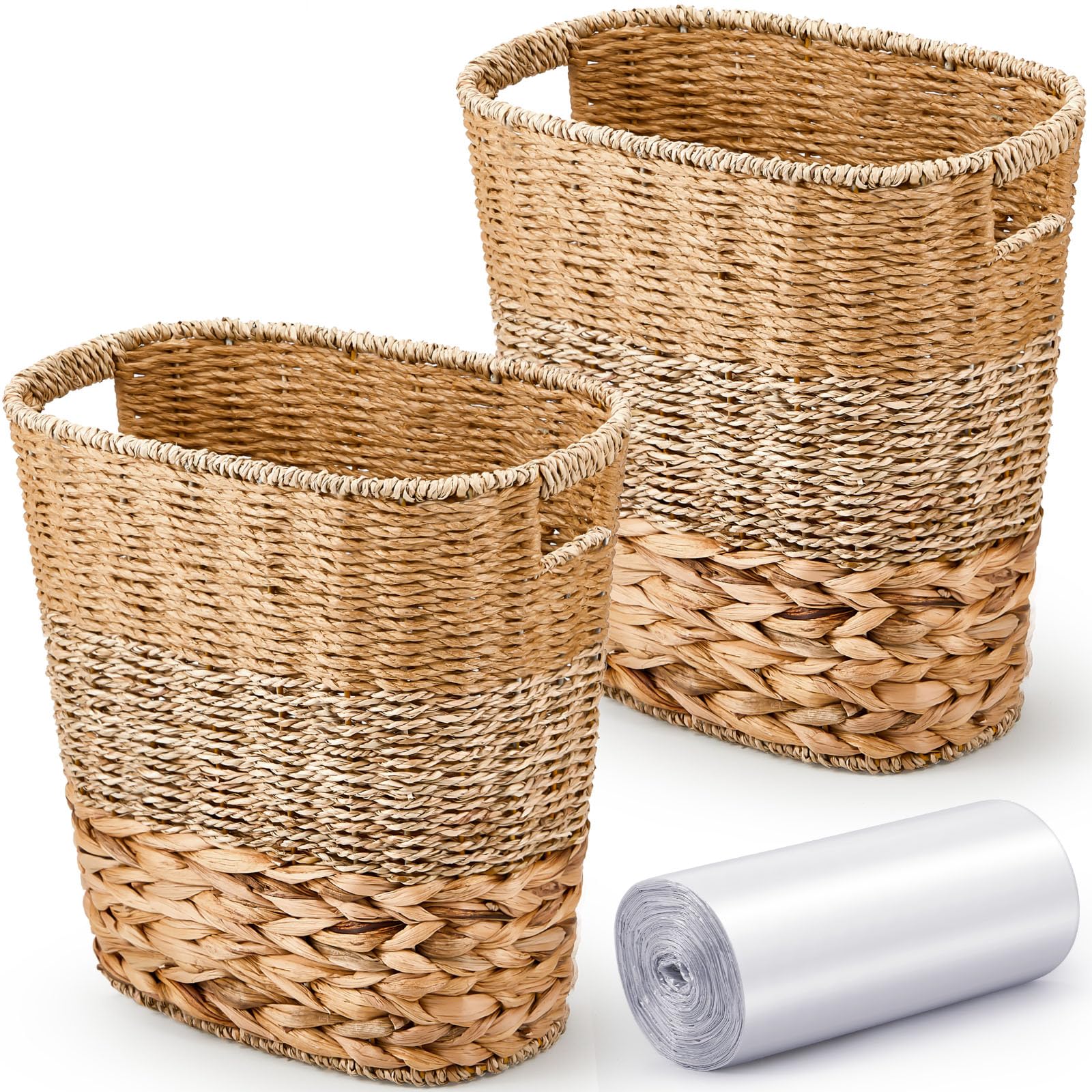Photo 1 of Ziliny 2 Pcs Wicker Trash Can with 50 Small Trash Bag Wicker Waste Woven Basket with Handles Clear Multi Use Garbage Bags for Bathroom Kitchen Bedroom