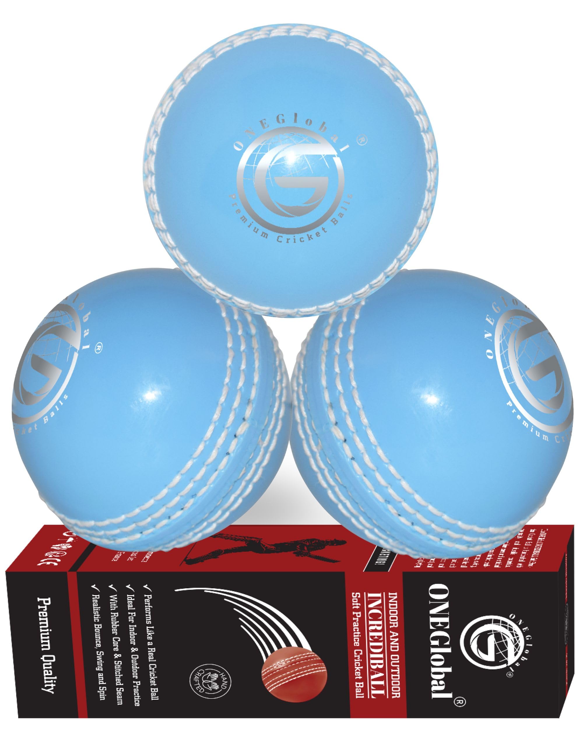 ONEGlobal Incrediball Soft Practice Cricket Ball | Outdoor & Indoor Rubber Cricket Ball With Core & Stitched Seam | For Practice, Training & Family Fun | Senior & Junior Size (3 Blue, Senior)