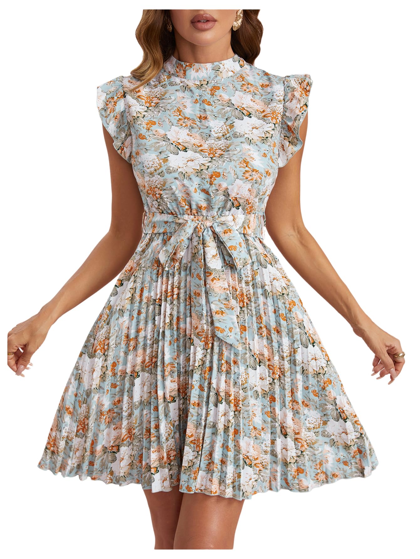 Photo 1 of ***SAME DRESS****Milumia Women's Floral Print Ruffle Cap Sleeve Short Dress Belted Pleated Casual Dresses Blue Large