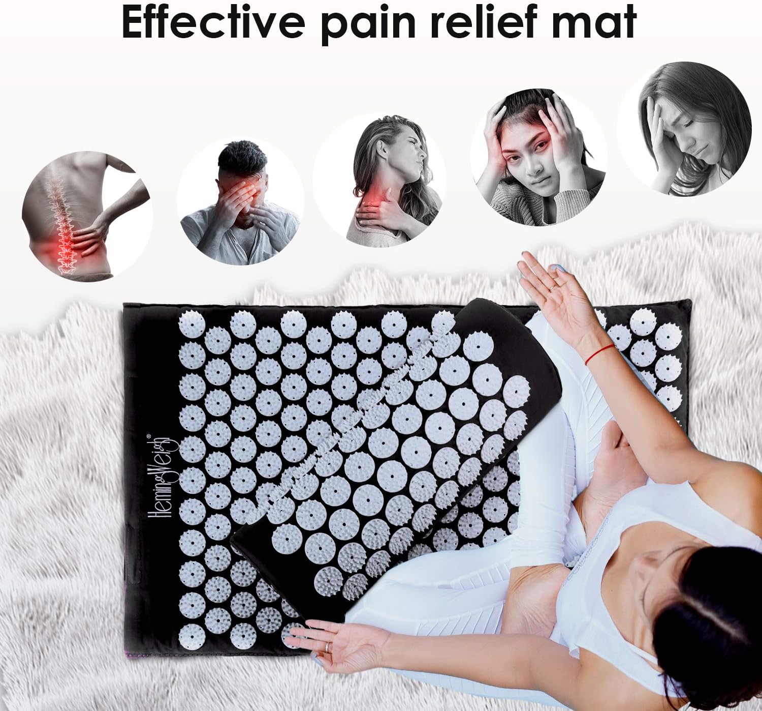 HemingWeigh Complete Acupressure Body Mat and Pillow Set with Bag, For Neck, Upper and Lower Back Pain Relief, Black: Sports & Outdoors