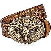 BISON DENIM Mens Western Cowboy Belt - Longhorn Cow Pattern Buckle with Printed Engraved Buckle Strap Adjustable