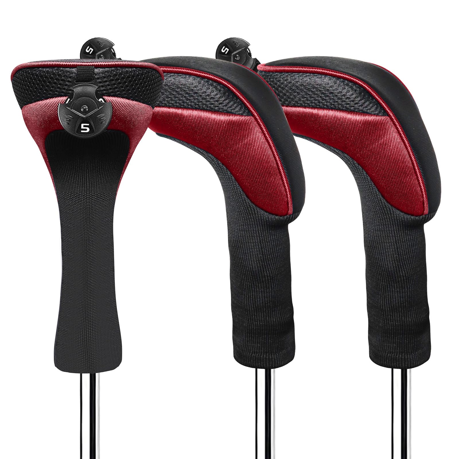FINGER TEN Golf Club Head Covers Woods Hybrids Long Cover, Headcovers with Interchangeable No. Tags Fit All Hybrids Wood Clubs Light Durable (Carmine-3 Pack Hybrid Covers)