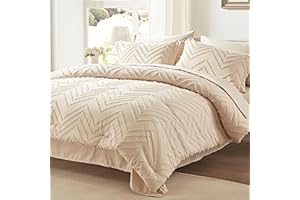 Anluoer Queen Comforter Set, Beige Tufted Bed in a Bag 7 Pieces with comforters and Sheets, All Season Bedding Sets with 1 Comforter, 2 PillowShams, 2 Pillowcases, 1 Flat Sheet, 1 Fitted Sheet