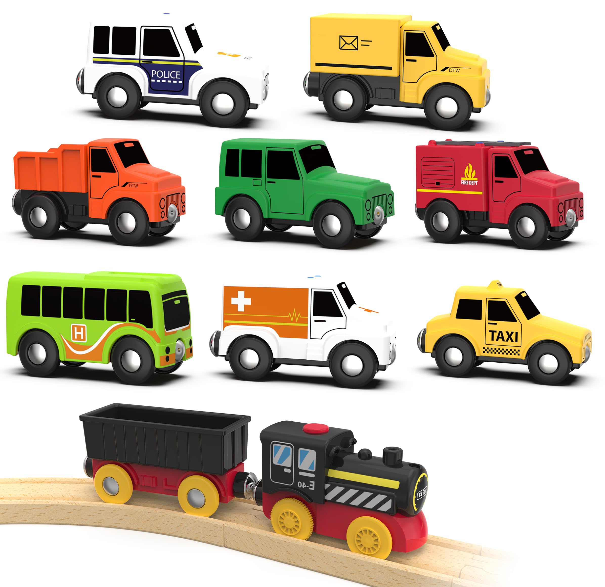 Toy Trains for Wooden Track, Magnetic Train Set for Toddlers, 10Pcs Train Toys Sets Include Battery Powered Locomotive Train & Magnet Train Cars Compatible with Thomas& Friends, Brio, Melissa & Doug