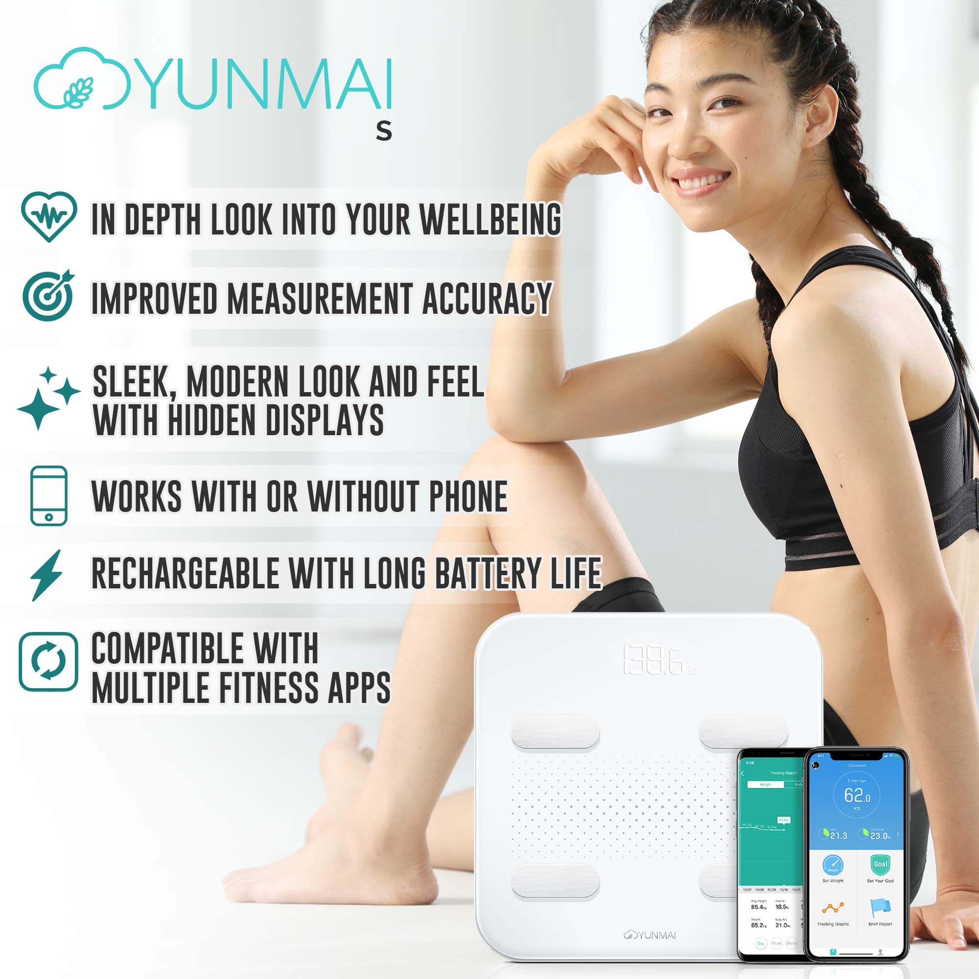 Bluetooth Scale for Weight and Body Fat - Glass Top Accurate Body Weight Scale with Rechargeable Battery - Measure and Track 10 Body Composition Factors for Optimal Health - BMI Scale