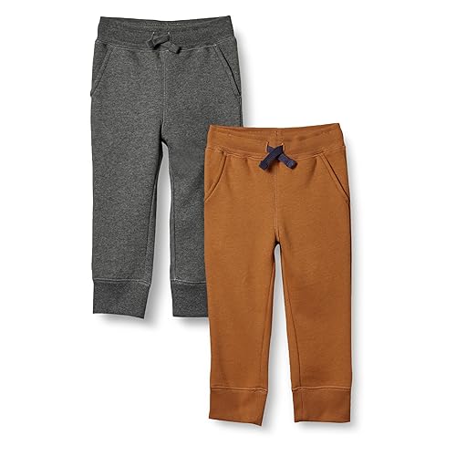 Amazon Essentials Boys' Fleece Jogger Sweatpants, Pack of 2, Charcoal Heather/Light Brown, Small