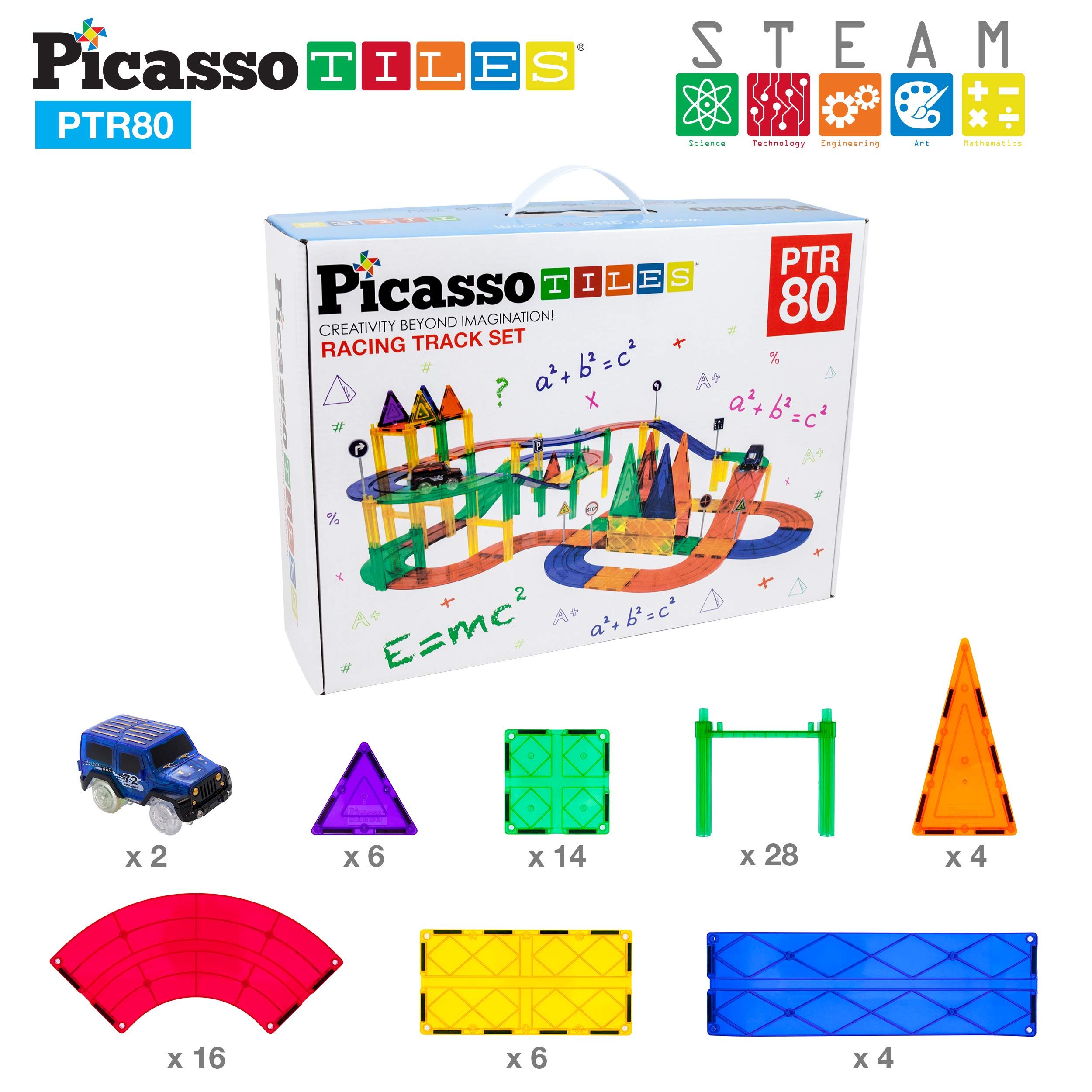 PicassoTiles 80pc Race Car Track Magnetic Tiles Building Block Educational Toy with 2 Light Up Cars Kids Toddler Toys Magnets Tile STEM Learning Construction Tracks for Fine Motor Skill Training PTR80
