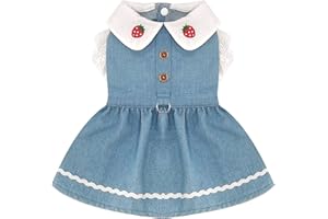 XGDMEIL Denim Dog Dress for Small Dogs Cats Cute Girl Dog Clothes Cute Strawberry Female Pet Dresses Spring Summer Pet Outfits for Chihuahua Yorkie Shih Tzu(Light Blue,Large)