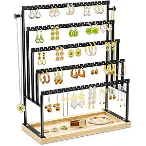 TIPSYTREE Large 5 Tier Earring Organizer and Holder, Black | 100+ pair earring storage, jewelry holder stand, clean white fin