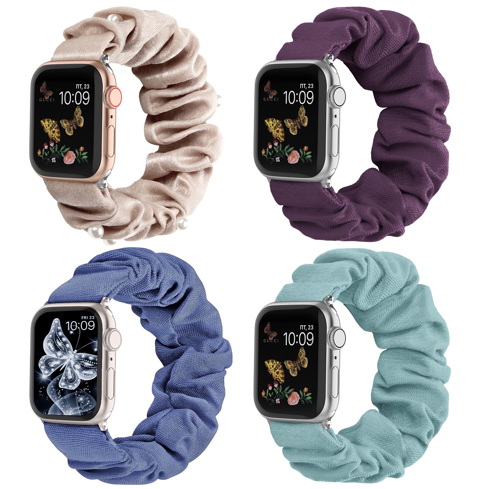 Recoppa Compatible for Apple Watch Band Scrunchie 38mm 40mm 41mm 42mm 44mm 45mm 46mm Cute Printed Elastic Solo Loop Bands Women Bracelet Strap for iWatch Series 11 10 9 8 7 6 5 4 3 2 1 SE, 4 Packs