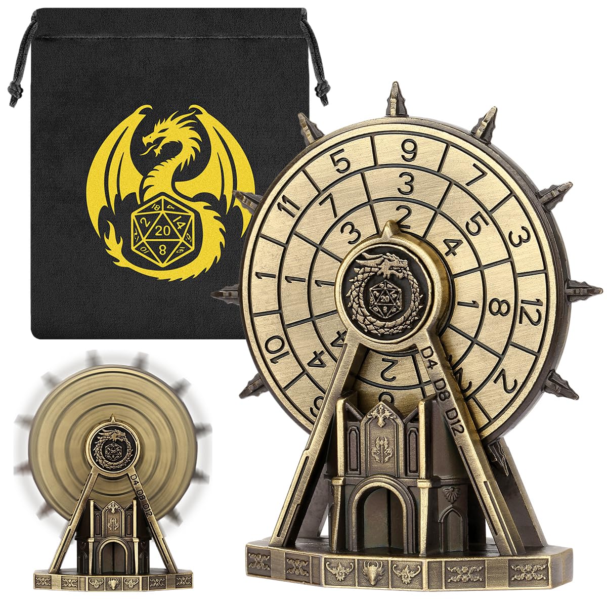 LULLEA Metal Dice Spinner – Ferris Wheel Style Tabletop RPG Dice Set with Dragon Crest, Fantasy Role Playing Game Accessory, Gift for Gamers, Bronze with Gift Bag