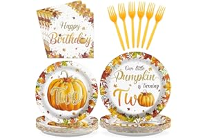 Grencian Fall Little Pumpkin 2nd Birthday Party Decoration - 96Pcs Little Pumpkin is Turning Two Plates Napkins Thanksgiving Baby Shower Tableware for Baby Halloween Second Birthday Party Supplies