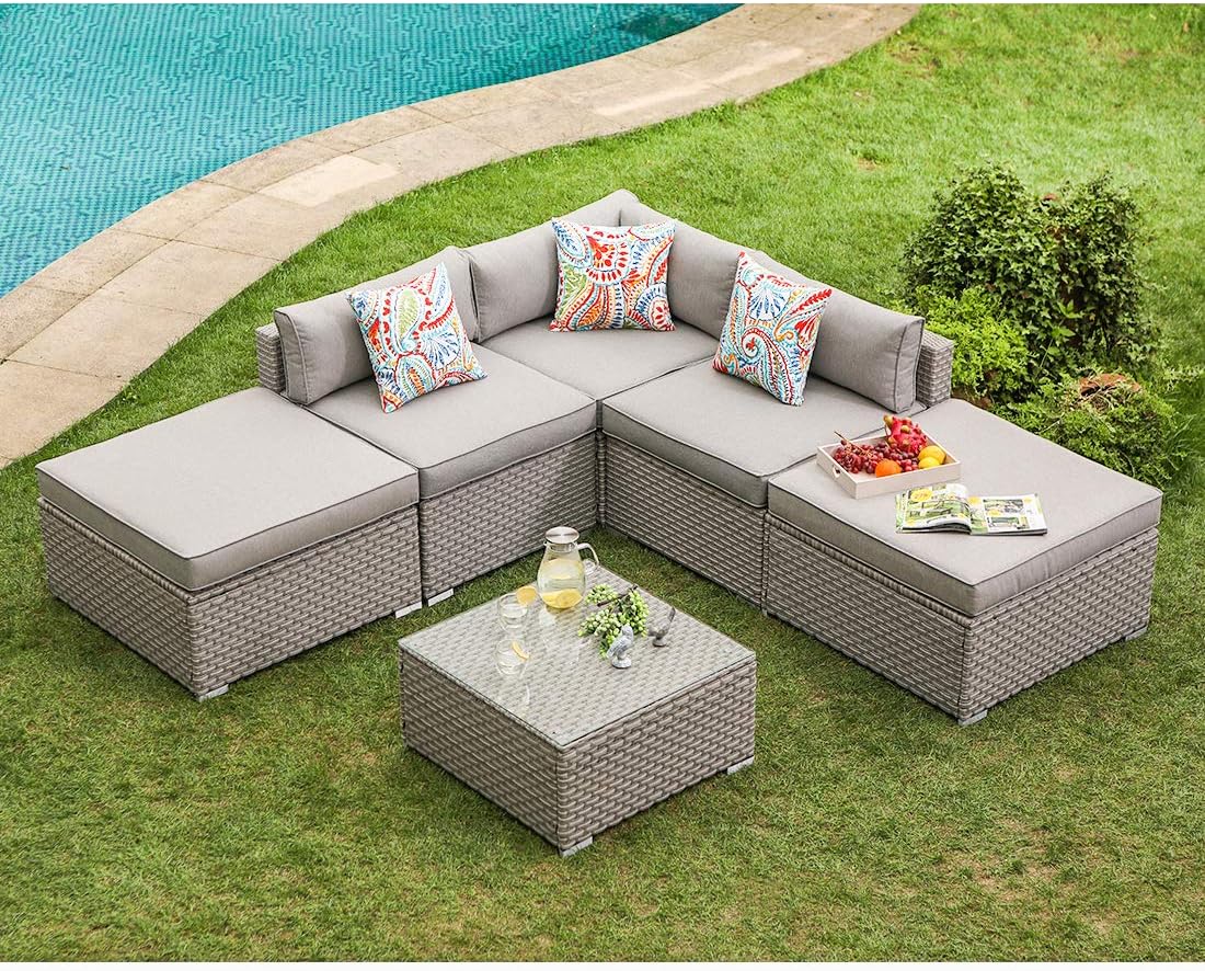 Amazon Com Cosiest 6 Piece Outdoor Furniture Set Warm Gray Wicker Sectional Sofa W Thick Cushions Glass Coffee Table 2 Ottomans 3 Floral Fantasy Pillows For Garden Pool Backyard Home Kitchen
