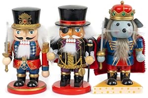 FUNPENY 3 Set Christmas Nutcrackers Figures, 7 Inch Handmade Wooden Mouse King Soldier and Pirate Traditional Nutcracker Decorations for Fall Festive Christmas Desktop Collectible Decor