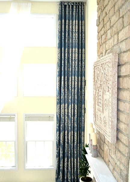 Ikiriska Extra Long Blue Gray Jacquard Curtain With Silver Gold