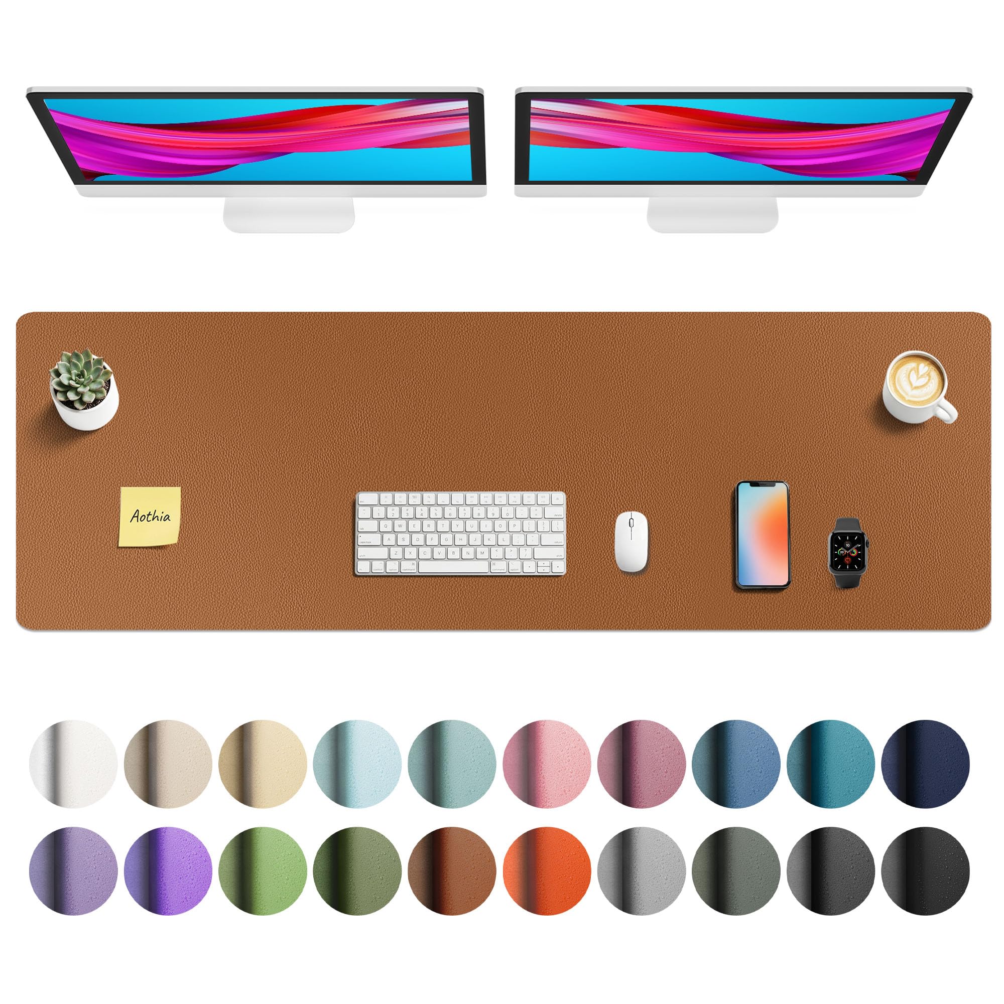 Aothia Faux Leather Desk Mat - Non-Slip PU Leather Desk Blotter, Waterproof Writing Surface, Large Desk Pad for Office & Home (Brown, 55" x 17") Image