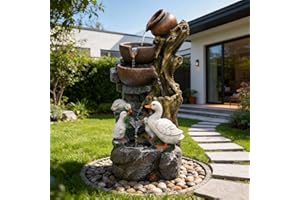31.5'' H Duck Outdoor Water Fountain 6-Tier Cascading Tree Trunk Waterfall Fountain with LED Lights Freestanding Garden Water
