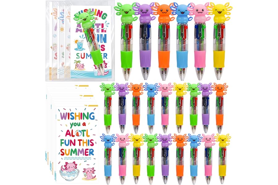 24 Sets End of the Year Gifts from Teacher Axolotl 4-in-1 Ballpoint Pens with Positive Cards Student Gift from Teacher Bulk End of Year Gifts for Students Congrats Grad Prizes Goodie Bags Stuffers