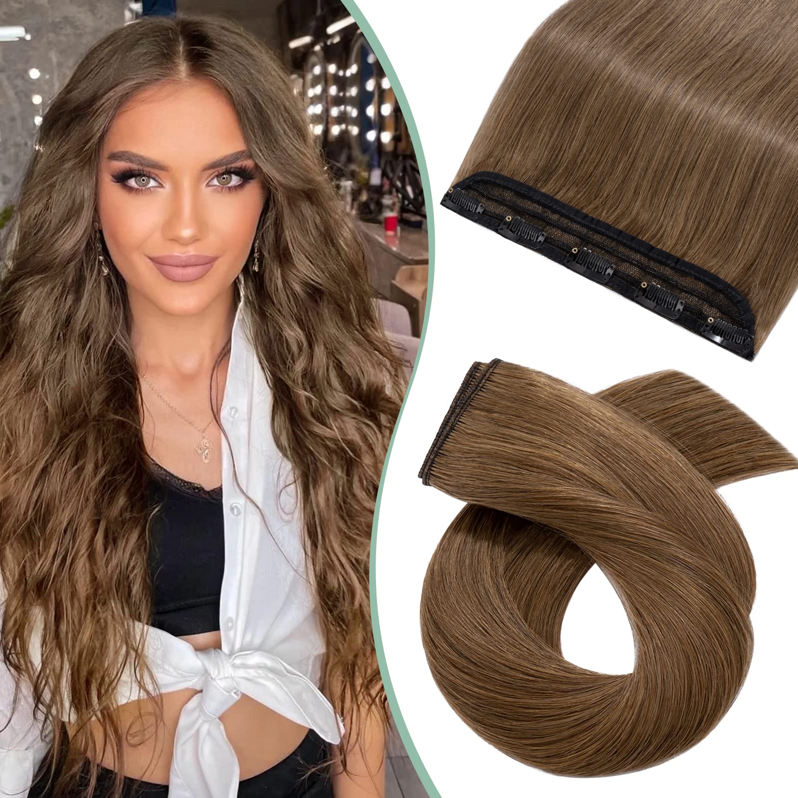 Silk-co 12in One Piece Real Remy Hair Extensions Clip in #06 Light Brown 3/4 Full Head Clip on Human Hair Extension 100% Remy Silky Soft Straight 40g