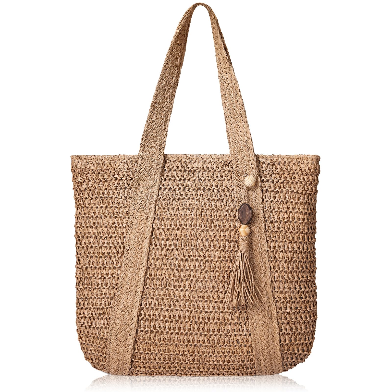Photo 1 of Pleneal Straw Beach Bags for Women - Women Beach Handmade Woven Tote Bag, Summer Mesh Hollow Shoulder Bag for Holiday