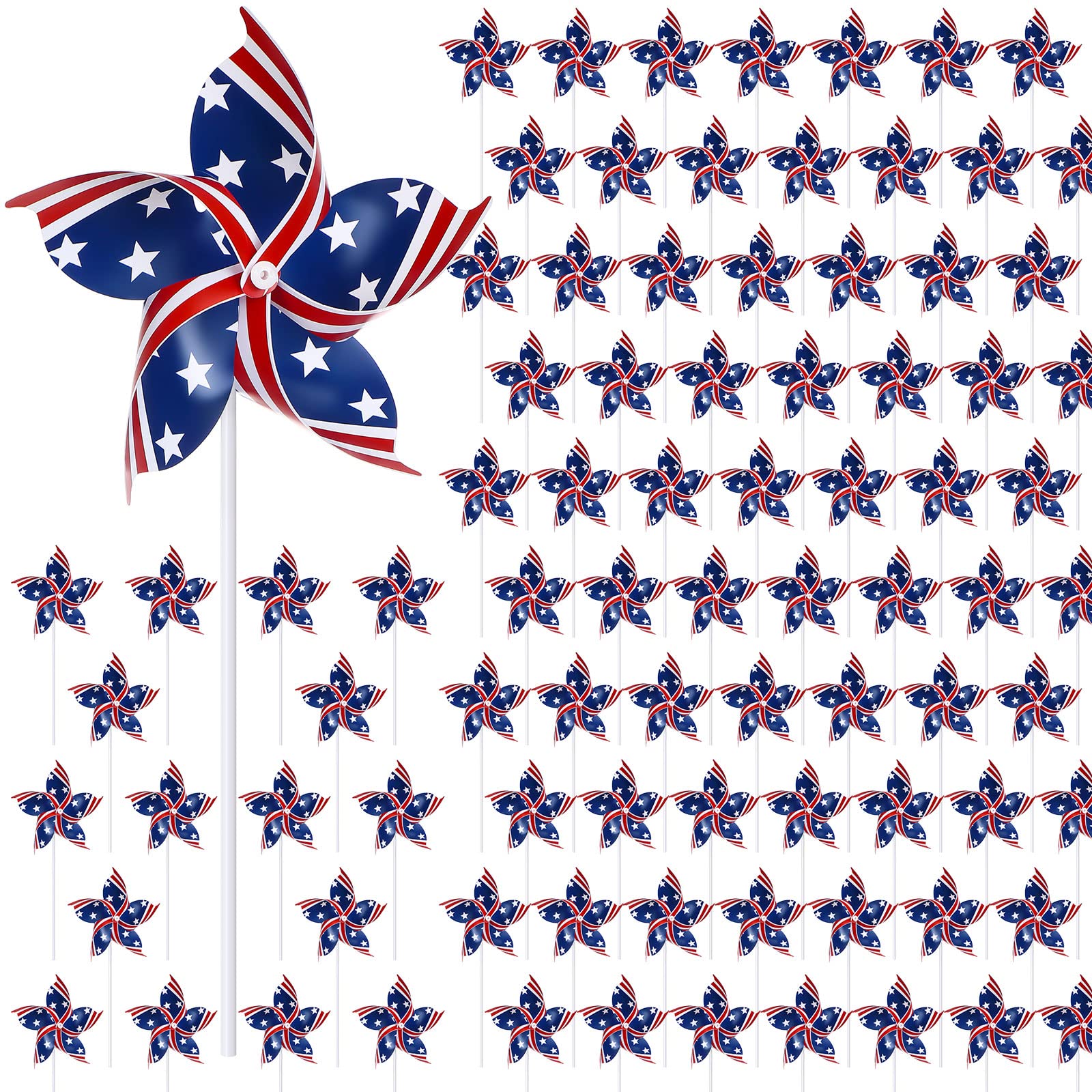 Photo 1 of 200 Pcs American Flag Patriotic Pinwheels 4th of July Decorations Red White and Blue Windmills Fourth of July Party Favors for Kids Adults Independence Day Birthday Outdoor Garden Decor Yard Lawn Home