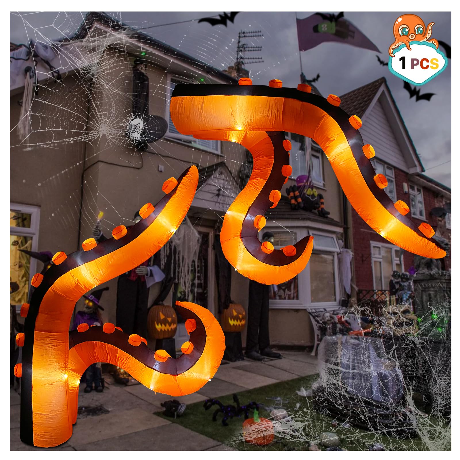 Photo 1 of 7 FT Halloween Inflatables Octopus Tentacle, Blow UpTrunk or Treat Car Decorations with Built-in LED Lights, Octopus Arm Legs Windows Decorations for Halloween Outdoor Party, Yard, Garden Décor (1PCS)