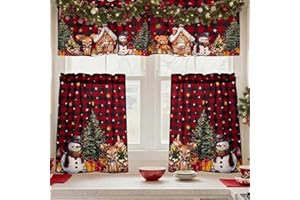 bnhjsdw 3 Pieces Christmas Kitchen Curtains Set, Plaid & Snowflake & Holly Xmas Curtains for Kitchen - Light Filtering, Easy Install Red Valances for Christmas Window Decor