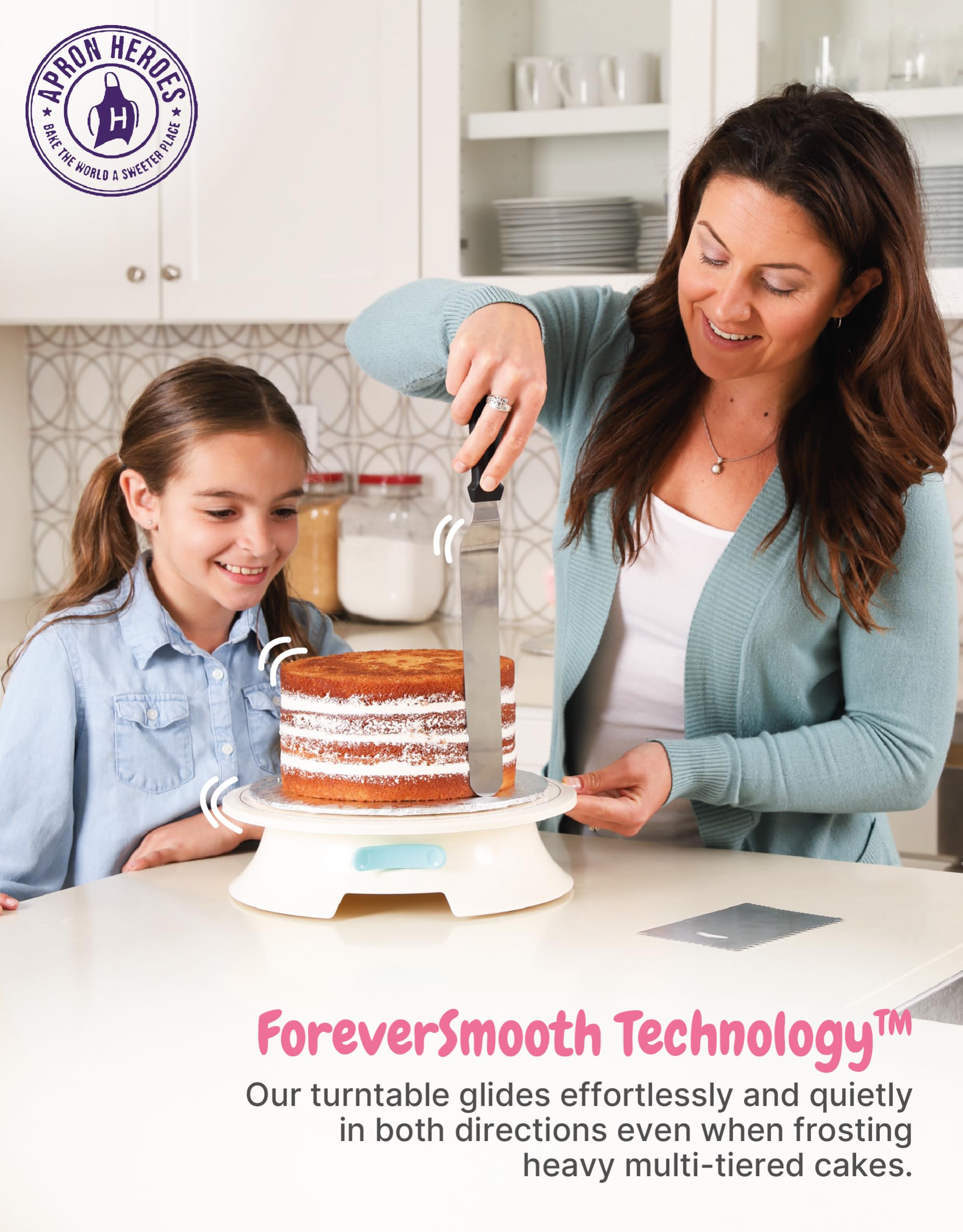 ForeverSmooth Cake Turntable Stand- Sturdiest Rotating Cake Leveler & Slicer. Decorating Supplies Kit w/Offset Spatula Set, Icing Bench Scraper, Cake Boards. 12 Inch White Spinner Baking Accessories