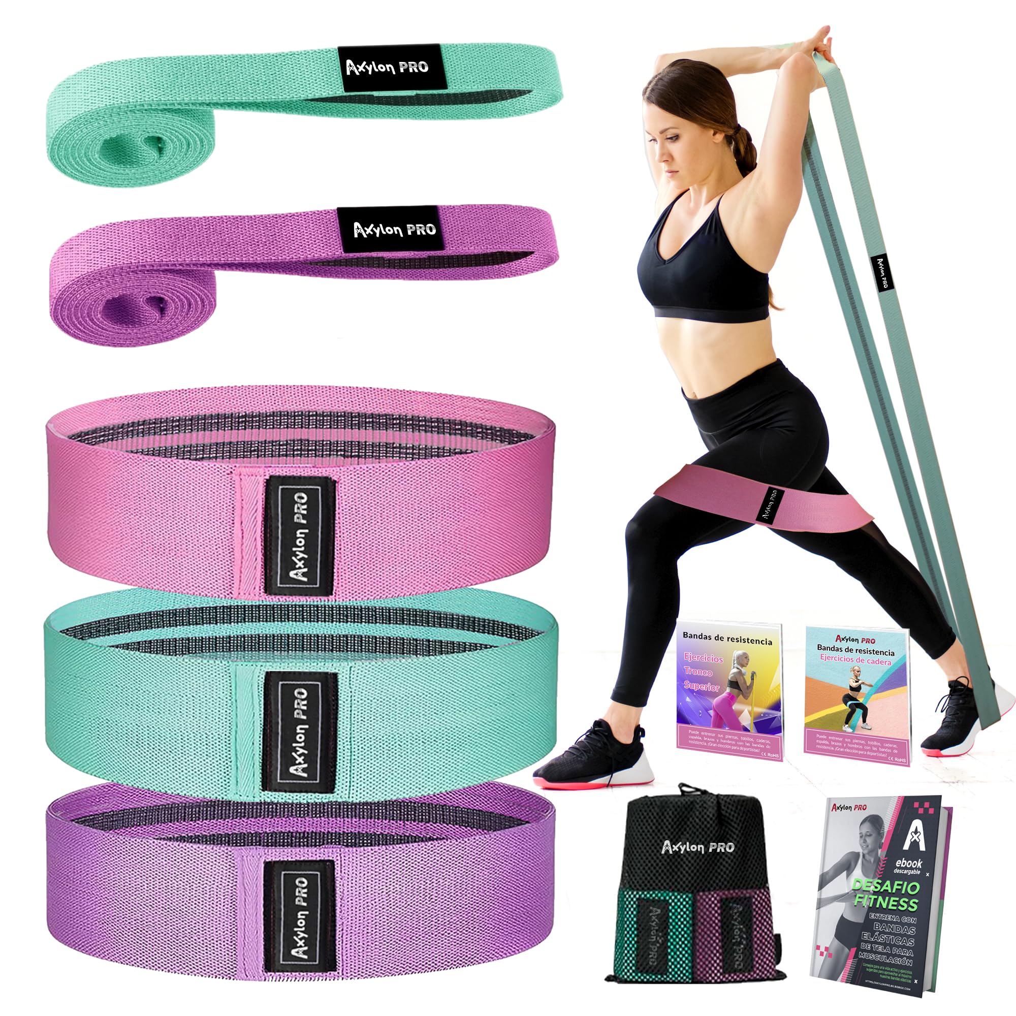 AXYLONPRO – Elastic Bands – Set of 5 Cotton Resistance Bands (2 Long + 3 Short) + 2 Exercise Guides + Carry Bag – Elastic Bands – Fitness Band