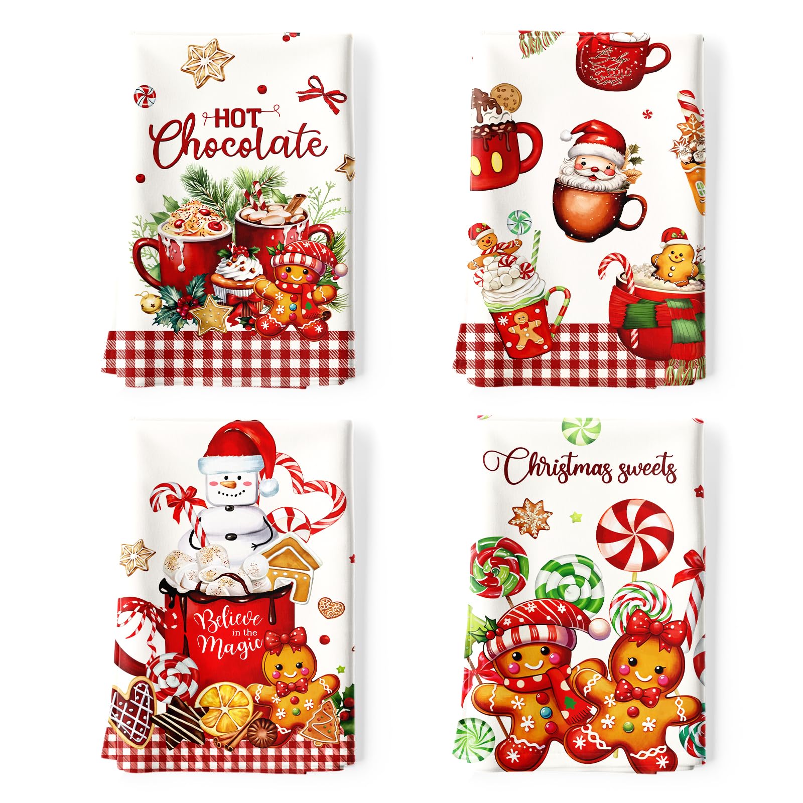 Arquiel 4 Pcs Christmas Kitchen Towel 100% Cotton Gingerbread Man Absorbent Dish Towels 70 x 48 cm Housewarming Candy Decorative Hand Towels for Dining Home