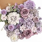 Garisey Artificial Flowers Combo Box Set Purple Fake Silk Flower for DIY Wedding Bouquet Arrangements Bridal Shower Party Home Decorations(White Purple Peony)