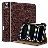 Gexmil Genuine Leather Case for iPad Pro 13 Inch (M5/M4) 2025/2024 with Pencil Holder,Protective Shockproof Smart Leather Folio Cover Adjustable Stand Auto Sleep/Wake Anti-Slip,Brown Crocodile