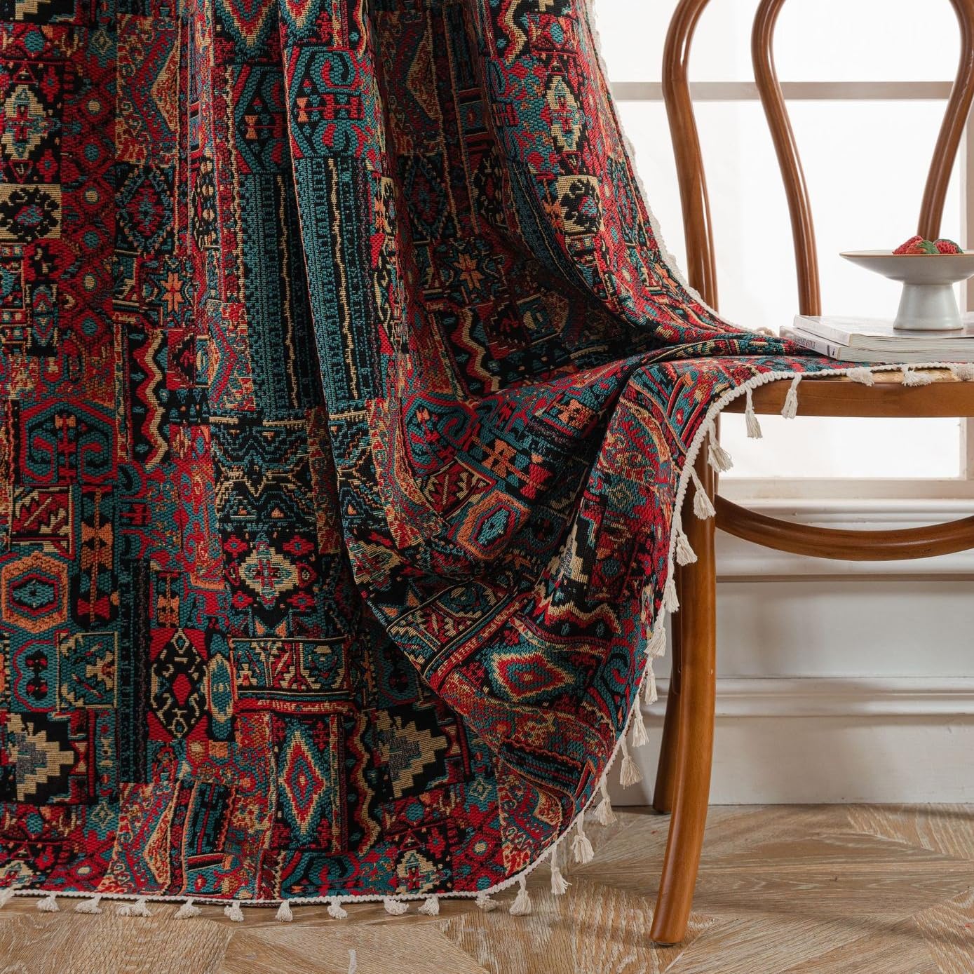 USTIDE Boho Ethnic Vintage Rustic Chic Shabby Geometric Curtains - Colorful Room Darkening for Bedroom Living Room, Tassels, 150x180cm