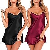 Lovasy Women's 2 Pack Silk Nightgown Sexy Lingerie Satin Sleepwear Negligee V Neck Chemise Nightwear Mini Slip Dress S-XXL