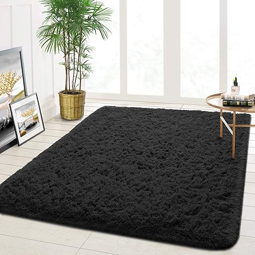Goffee Ultra Soft Fluffy Area Rugs for Bedroom Living Room, Shaggy Rugs for Kids Boys Baby Room, Modern Furry Rugs Large Floor Carpet for Children Bedroom Dorm Home Decor, 4ft x 5.3ft, Black