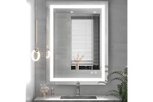 TETOTE 28 x 36 Bathroom LED Mirror with Lights LED Mirror Vanity Makeup Mirror Dimmable Anti-Fog Wall Mounted, Tempered Glass