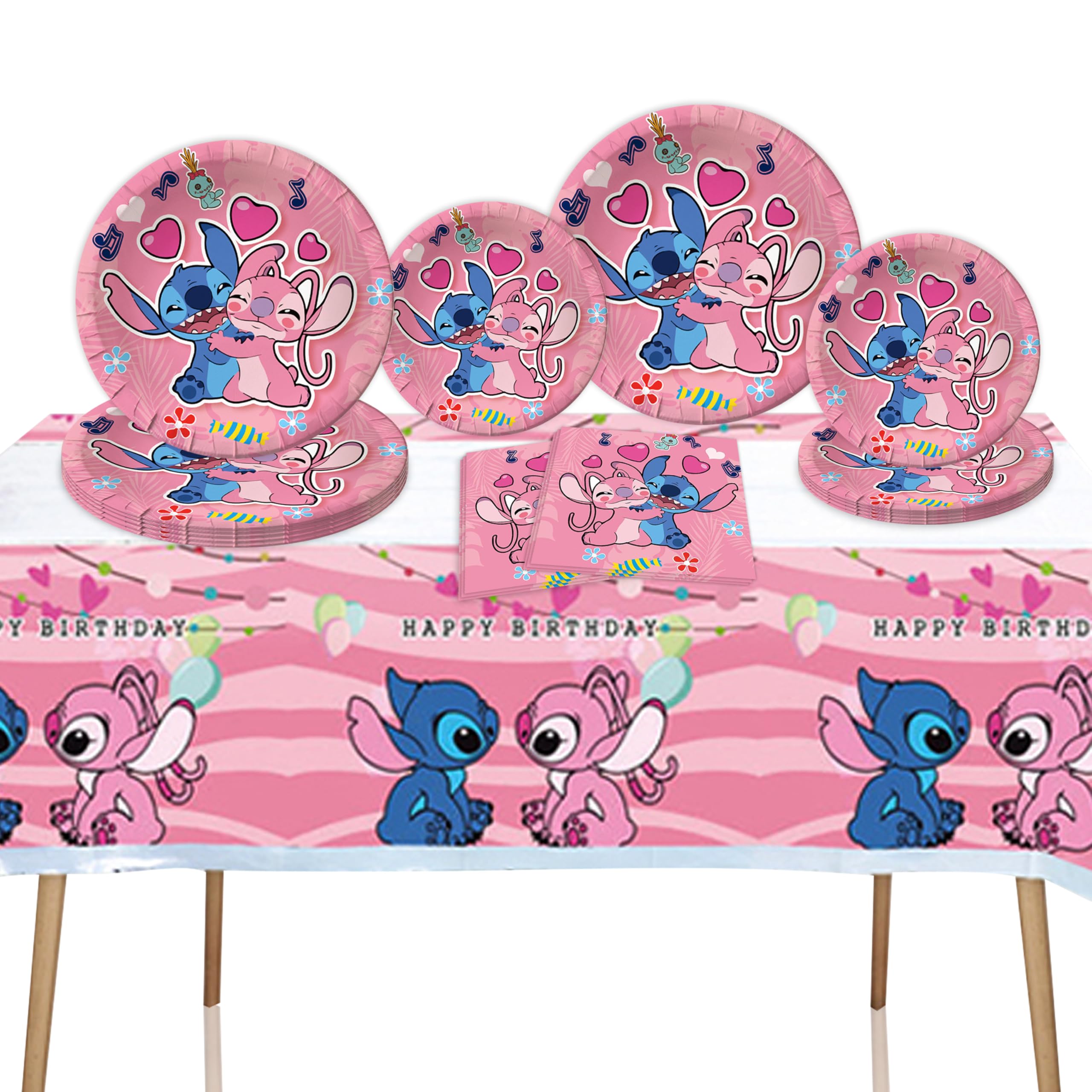 Photo 1 of 41PCS Pink Stitch Party Set – 20 Plates, 20 Napkins & 1 Tablecover. Perfect for Stitch-themed birthdays! Features cute pink Stitch prints, durable plates, and easy cleanup. Ideal for kids’ parties!