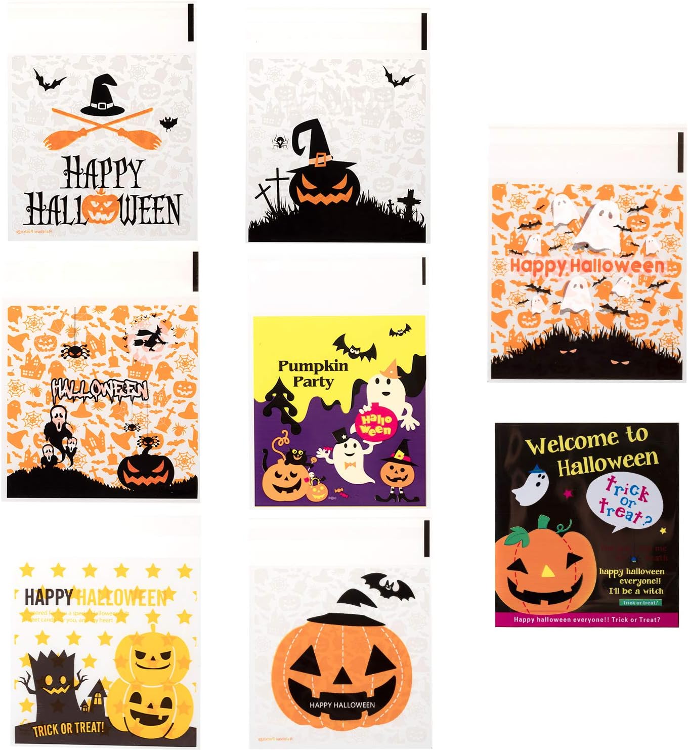 Whaline 400Pcs Halloween Candy Bag, Self Adhesive Clear Cookie Treat Bags, Cellophane Plastic Gift Bags for Halloween Party Supplies, Homemade Craft, Snack Gift Packing (8 Styles): Toys & Games