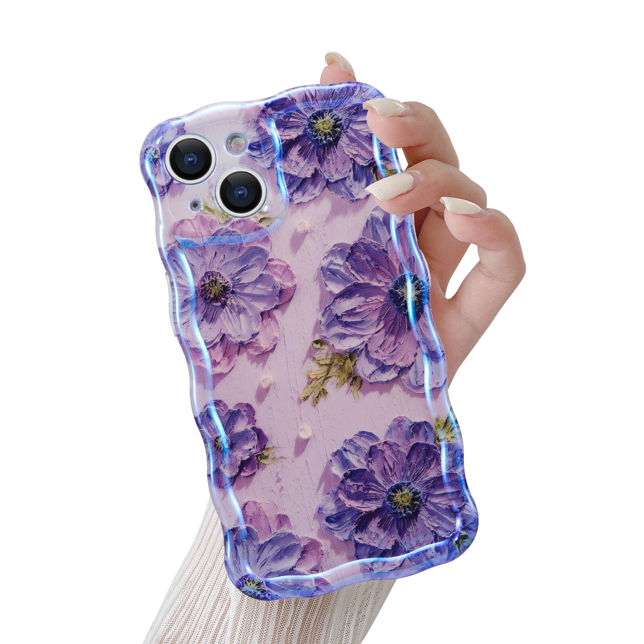 QLTYPRI Case for iPhone 13, Laser Colorful Retro Oil Painting Flower Pattern Cute Curly Wave Frame Exquisite Phone Case for Girls Women, Shockproof TPU Protective Phone Cover for iPhone 13- Purple