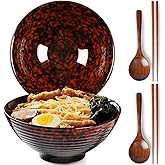NUTRIUPS 8 Inch Ceramic Ramen Bowl Set of 2 Pho Bowls 40oz Japanese Noodle Udon Soup Bowls with Spoons and Chopsticks (Lava Burst Red)