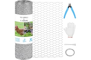 LUCOMB Chicken Wire Mesh 13.7 in x 157 in Silver Floral Chicken Wire Poultry Netting Hexagonal Galvanized PVC Coated Wire Mesh for Floral Arrangements Craft with 30 Zip Ties, Glove and Wire Cutting Pliers