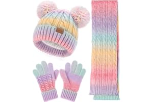 REMIFA Kids Winter Hat Scarf Gloves Set, Toddler Girl Boy 8% Wool Fleece Lined Pom Beanie Knit Neck Mittens Children Christmas Gifts