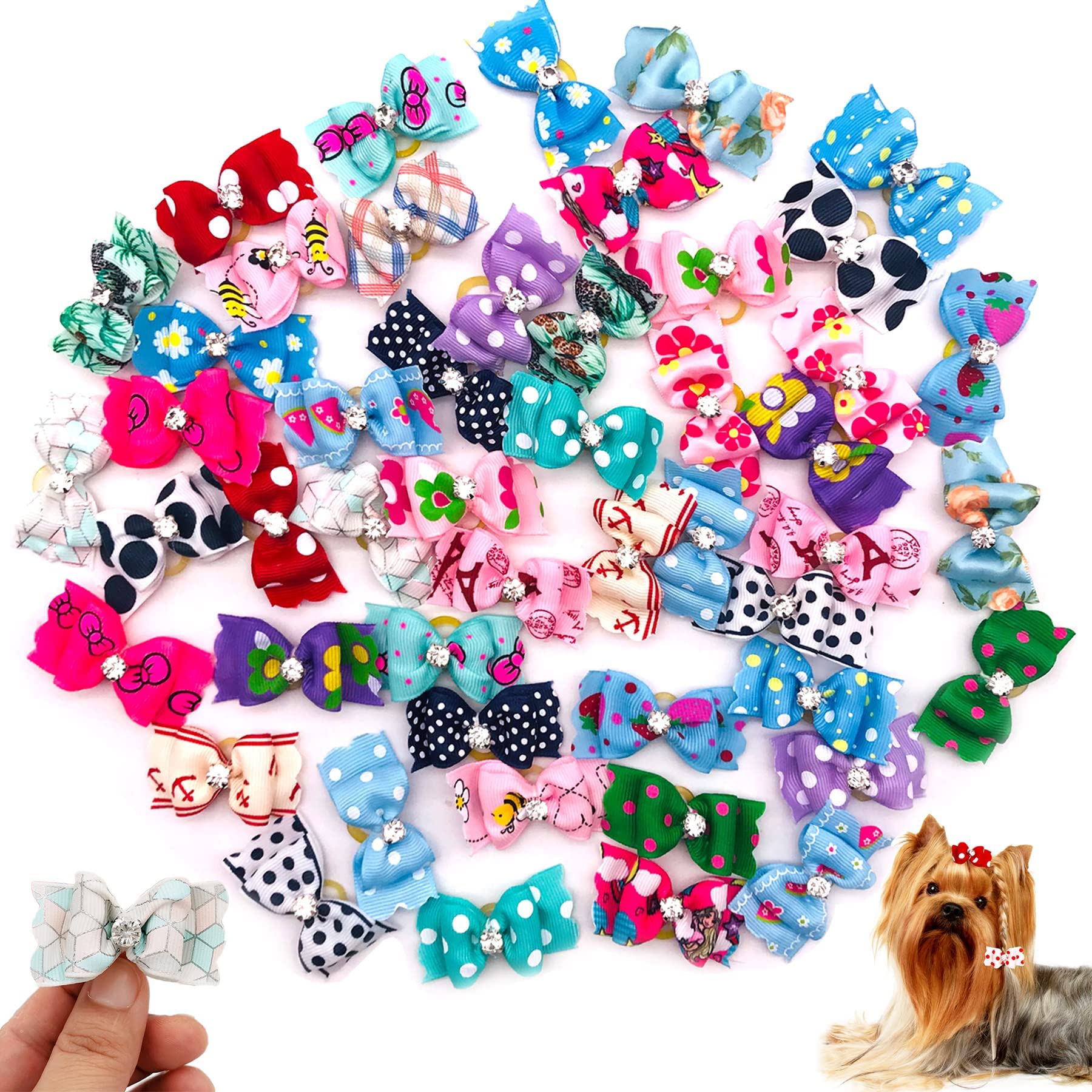 JpGdn 50Pairs/100Pcs Dog Hair Bows with Rubber Bands Cats Doggy Topknot Bow Ties Hair Grooming Accessories for Small Medium Long Hair Puppy Kitten