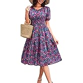 Kormei Women Summer Casual Boho Floral Round Neck Short Sleeve Smocked Waist Tiered Flowy Swing Midi Dress